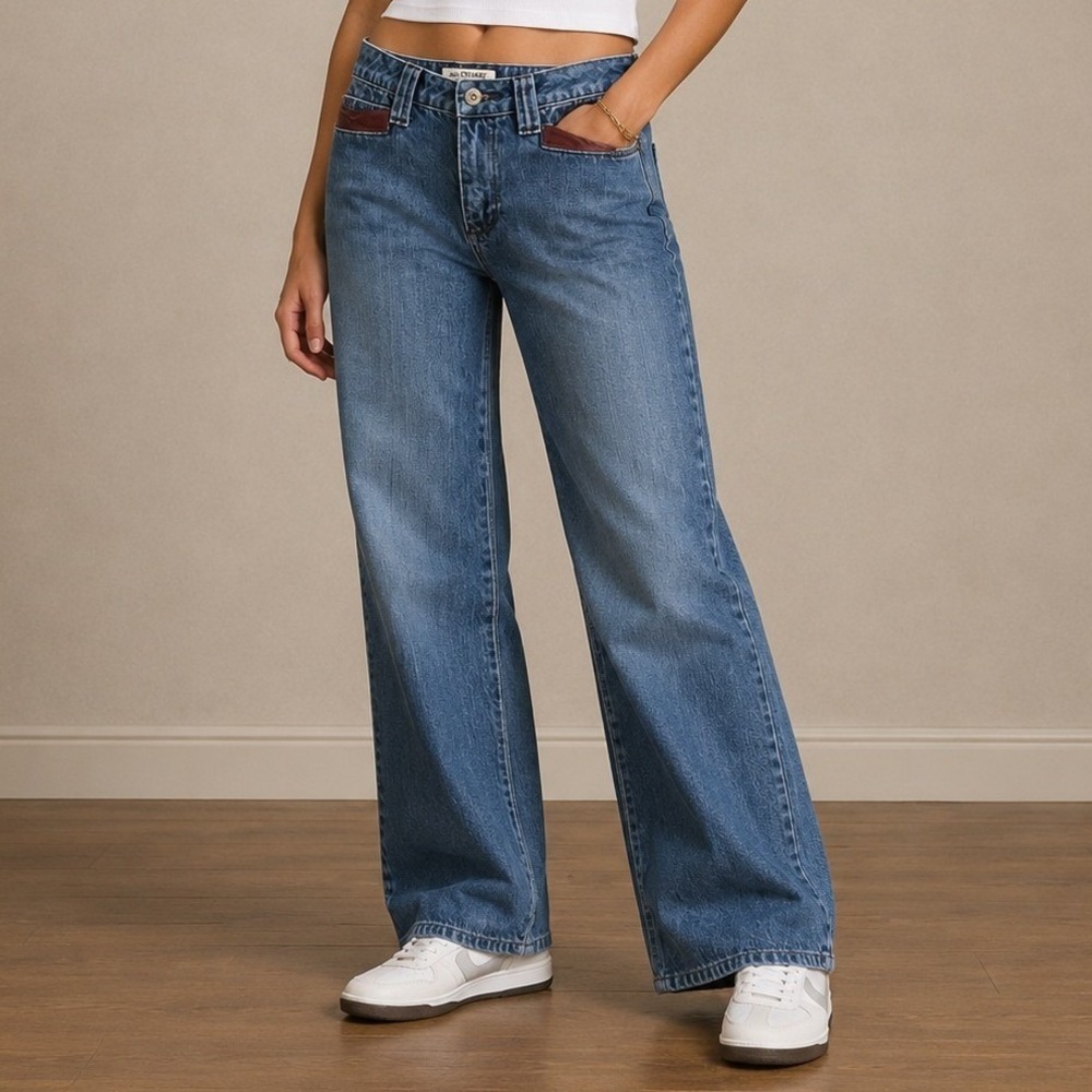 Jill Stuart Jeans Blue Wide Leg Flare Corduroy Trim Y2K Vintage Denim Mens 30x30